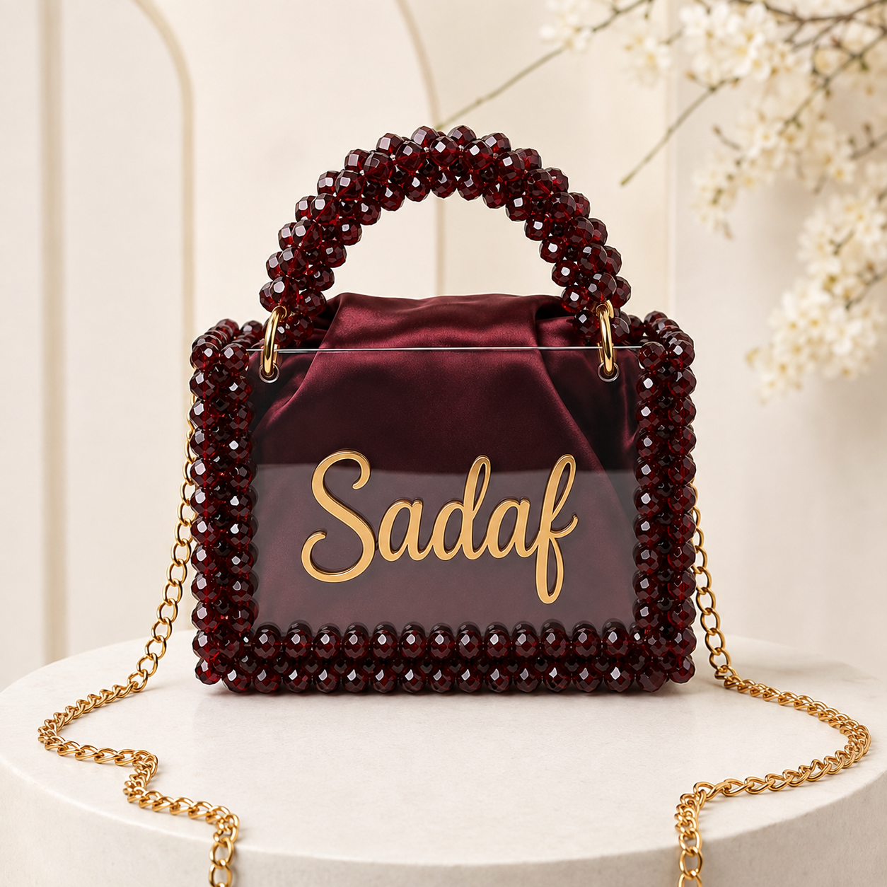Crystal Beaded Acrylic Bag Custom Name Handcrafted