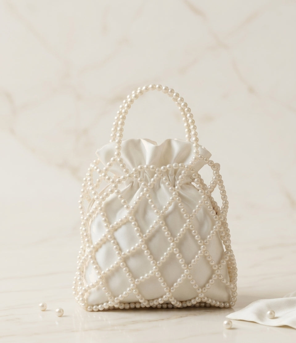 Handmade Ivory Pearl Beaded Drawstring Bag – Luxury Evening & Bridal Clutch