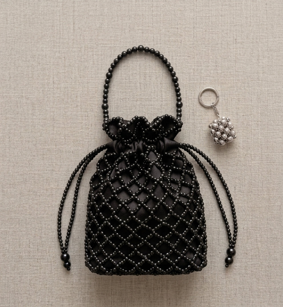 Handmade Ivory Pearl Beaded Drawstring Bag – Luxury Evening & Bridal Clutch