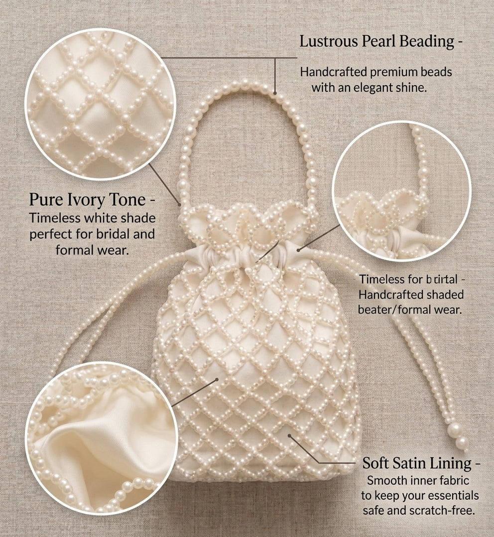 Handmade Ivory Pearl Beaded Drawstring Bag – Luxury Evening & Bridal Clutch