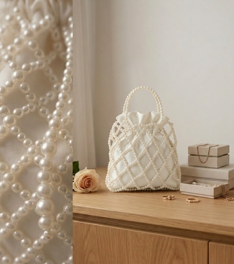 Handmade Ivory Pearl Beaded Drawstring Bag – Luxury Evening & Bridal Clutch