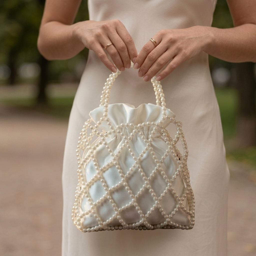 Handmade Ivory Pearl Beaded Drawstring Bag – Luxury Evening & Bridal Clutch