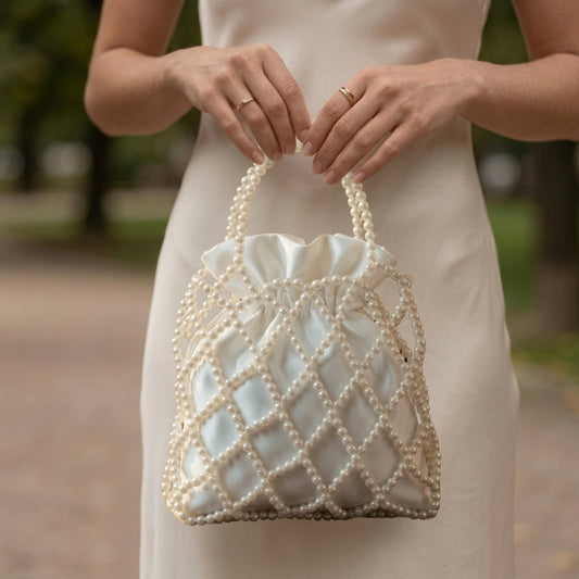 Handmade Ivory Pearl Beaded Drawstring Bag – Luxury Evening & Bridal Clutch